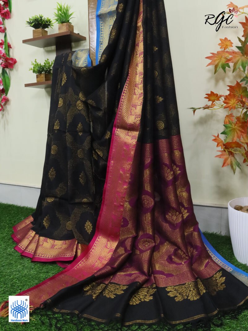Black Bengal Katan Silk Zari Emboss Saree - Image 10