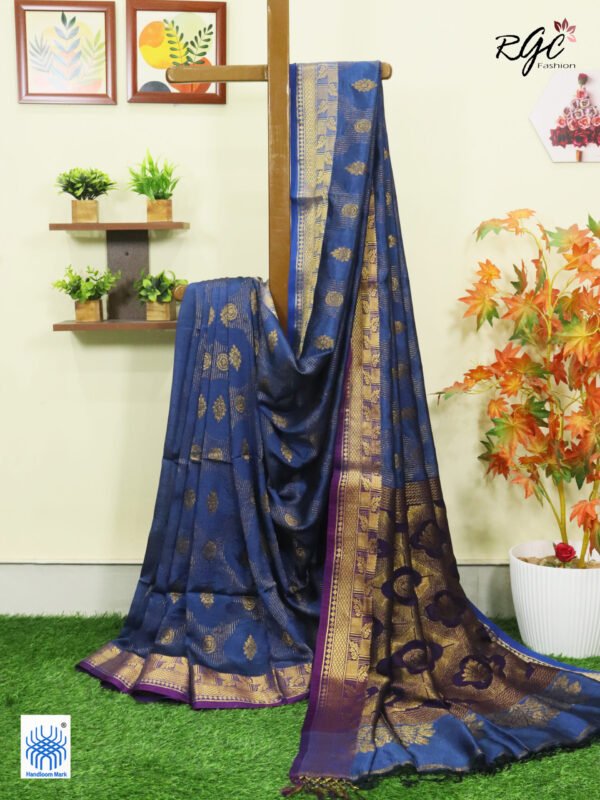 Deep Sky Blue Bengal Handloom Katan Silk Zari Emboss Saree