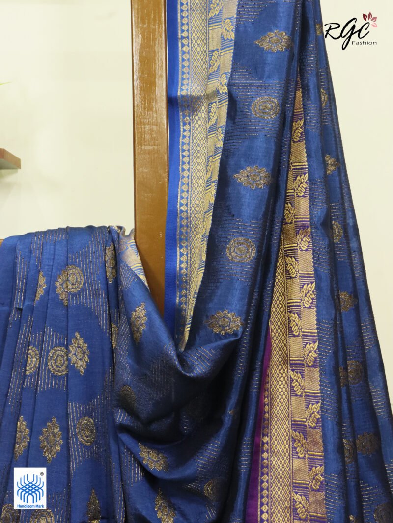 Deep Sky Blue Katan Silk Zari Emboss Saree - Image 8