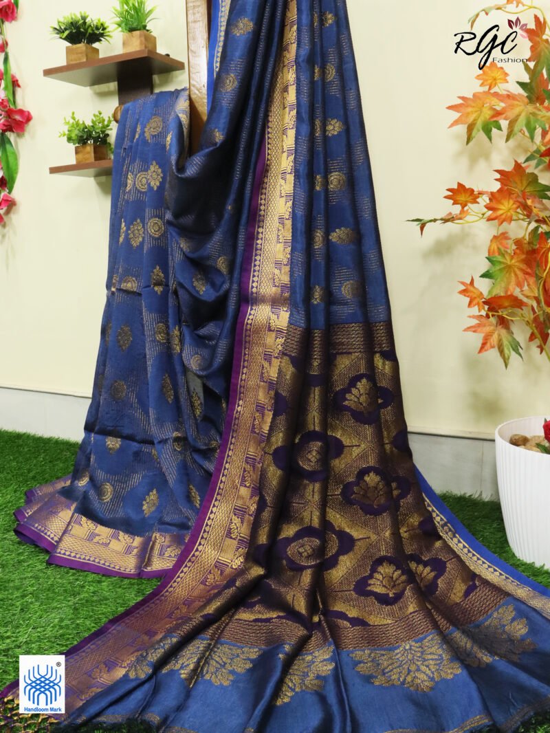 Deep Sky Blue Katan Silk Zari Emboss Saree - Image 10