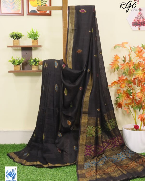 Black Multicolor Mina Work Organic Linen Jamdani Saree