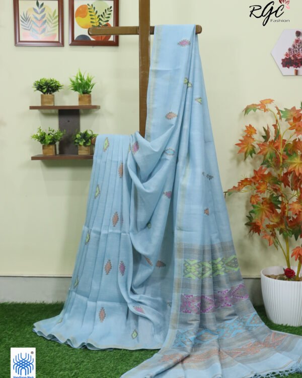 Sky Blue Multicolor Mina Work Organic Linen Jamdani Saree