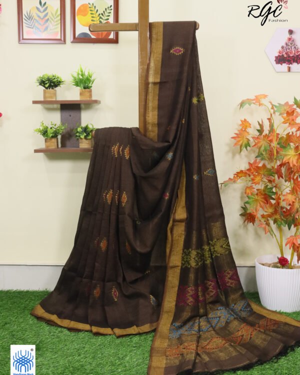 Brown Multicolor Mina Work Organic Linen Jamdani Saree