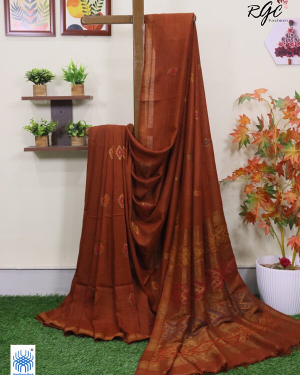 Rust Multicolor Mina Work Organic Linen Jamdani Saree