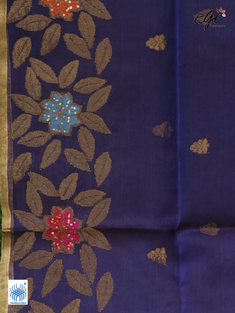 Blue Muslin Silk Multicolor Mina Sequence Work Jamdani Saree - Image 2