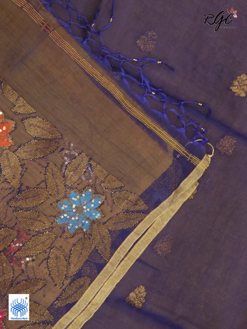 Blue Muslin Silk Multicolor Mina Sequence Work Jamdani Saree - Image 4