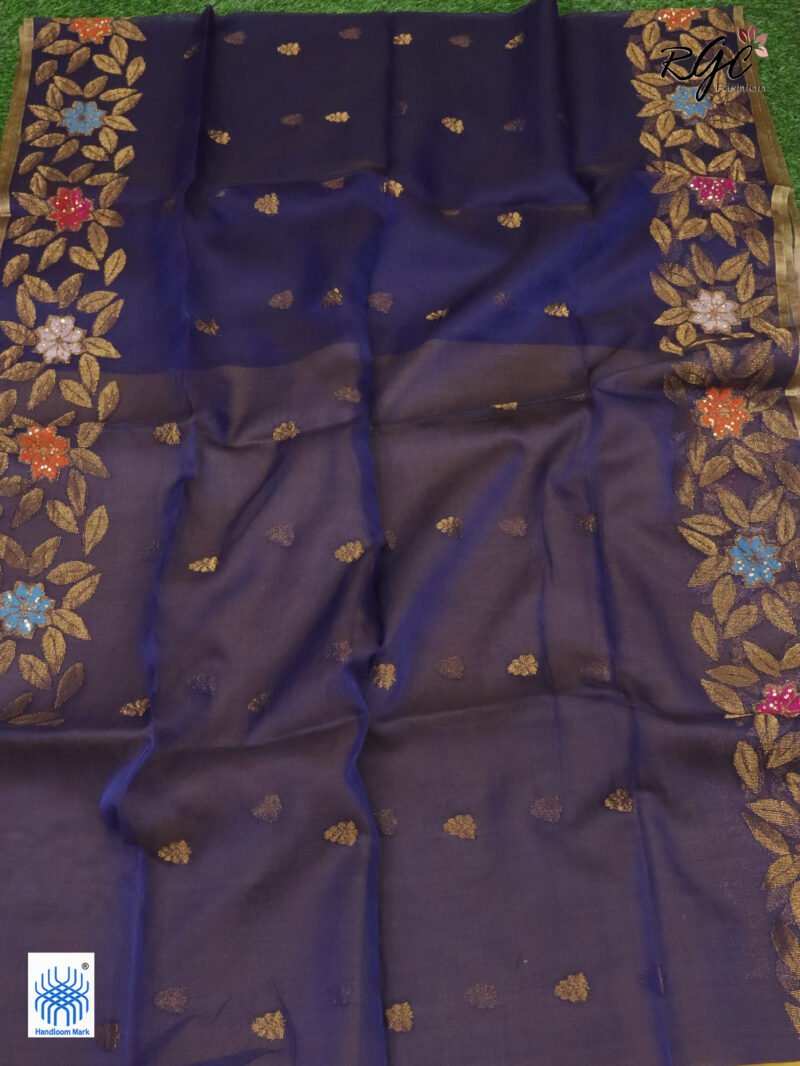 Blue Muslin Silk Multicolor Mina Sequence Work Jamdani Saree - Image 5