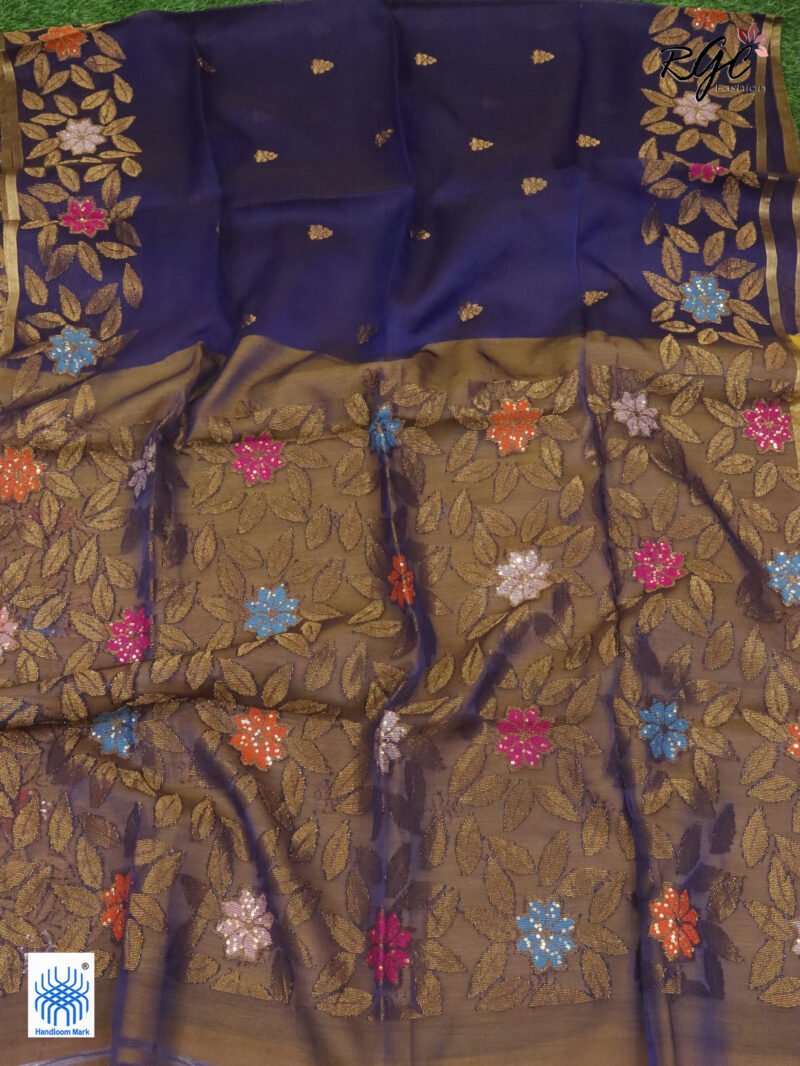 Blue Muslin Silk Multicolor Mina Sequence Work Jamdani Saree - Image 6