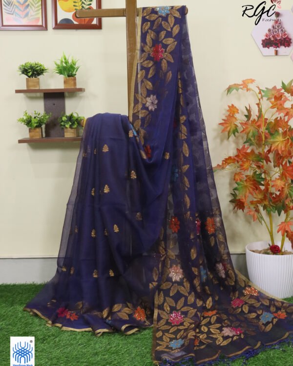 Blue Muslin Silk Multicolor Mina Sequence Work Jamdani Saree
