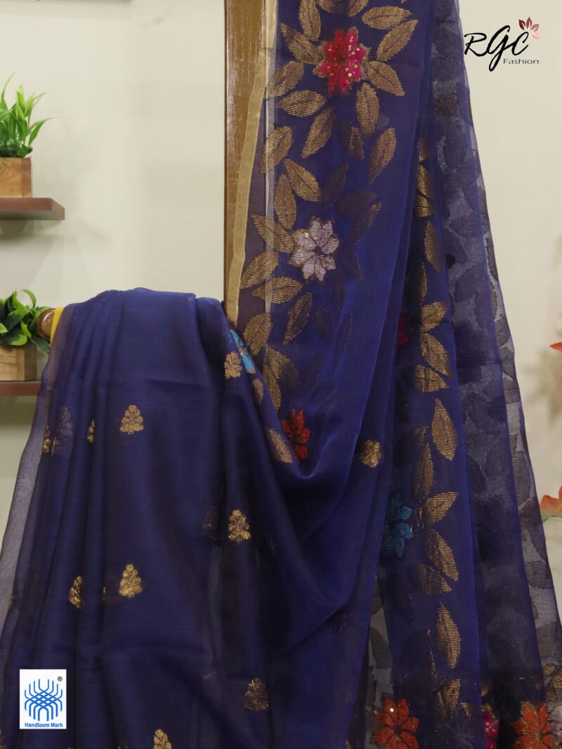 Blue Muslin Silk Multicolor Mina Sequence Work Jamdani Saree - Image 8