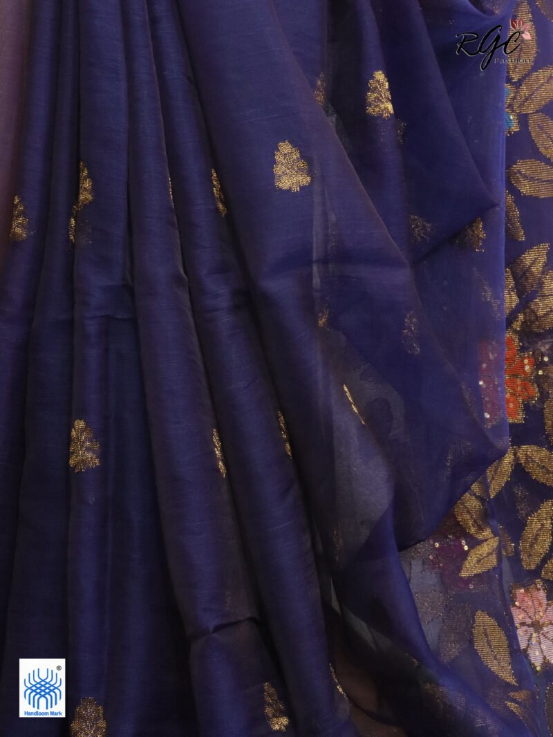 Blue Muslin Silk Multicolor Mina Sequence Work Jamdani Saree - Image 9