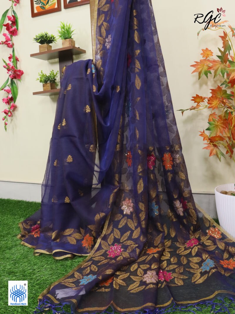 Blue Muslin Silk Multicolor Mina Sequence Work Jamdani Saree - Image 10