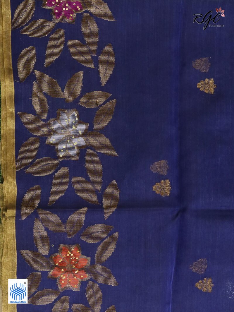 Navy Blue Muslin Silk Multicolor Mina Sequence Work Jamdani Saree - Image 2