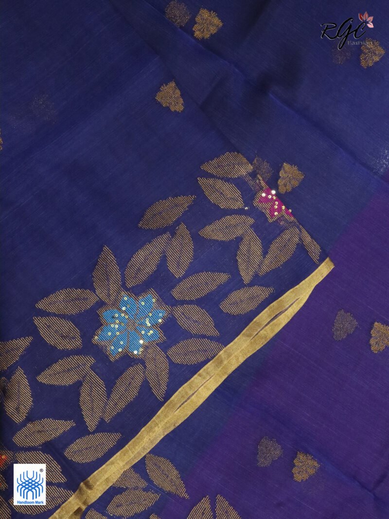 Navy Blue Muslin Silk Multicolor Mina Sequence Work Jamdani Saree - Image 3