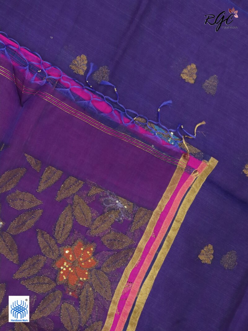 Navy Blue Muslin Silk Multicolor Mina Sequence Work Jamdani Saree - Image 4