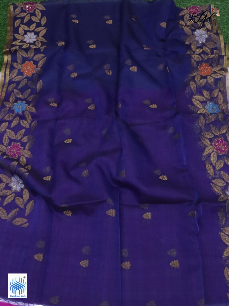 Navy Blue Muslin Silk Multicolor Mina Sequence Work Jamdani Saree - Image 6