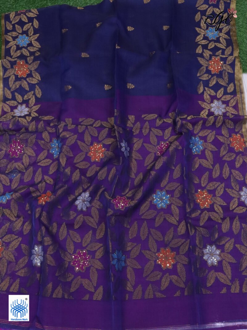 Navy Blue Muslin Silk Multicolor Mina Sequence Work Jamdani Saree - Image 7