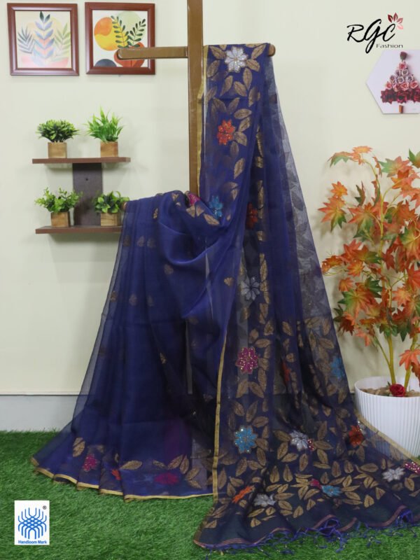 Navy Blue Muslin Silk Multicolor Mina Sequence Work Jamdani Saree