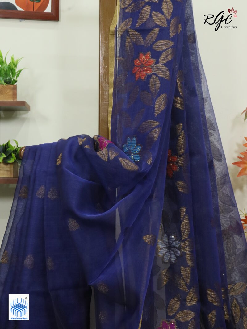 Navy Blue Muslin Silk Multicolor Mina Sequence Work Jamdani Saree - Image 8