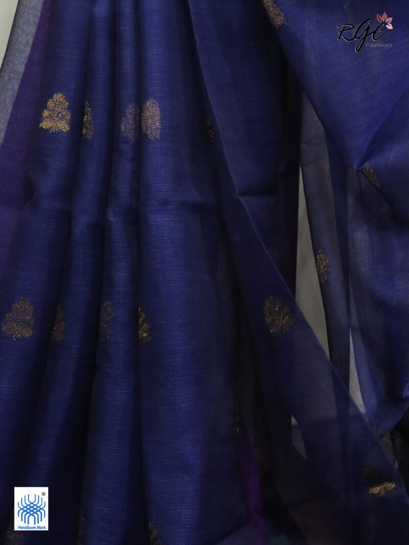 Navy Blue Muslin Silk Multicolor Mina Sequence Work Jamdani Saree - Image 9