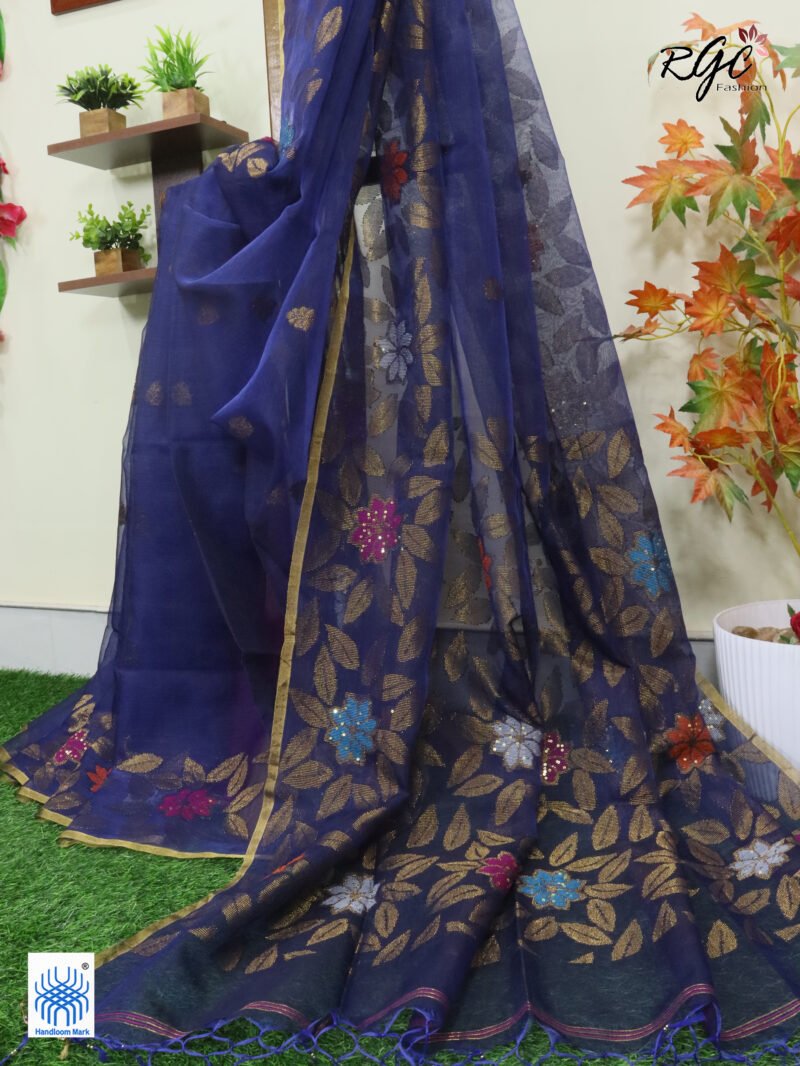 Navy Blue Muslin Silk Multicolor Mina Sequence Work Jamdani Saree - Image 10