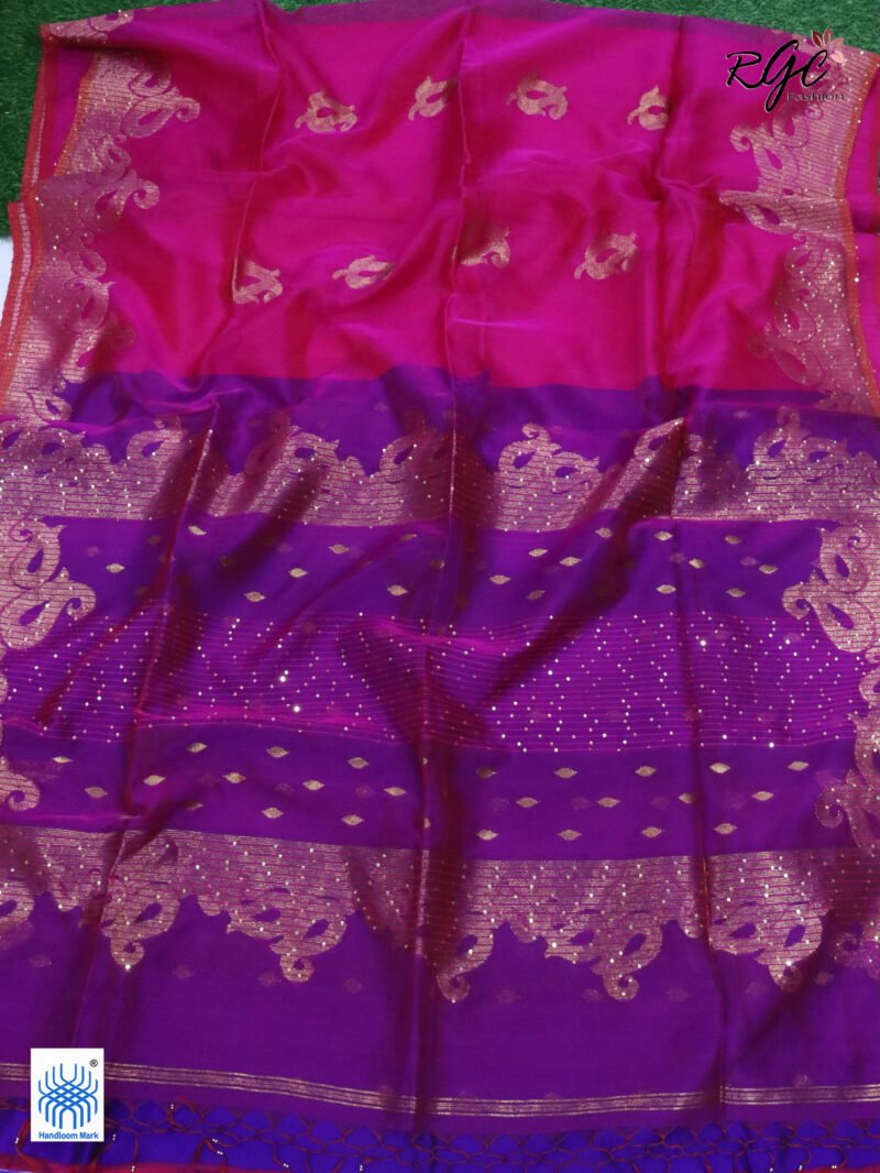 Rani Matka Muslin Silk Antique Zari Sequence Work Jamdani Saree - Image 7
