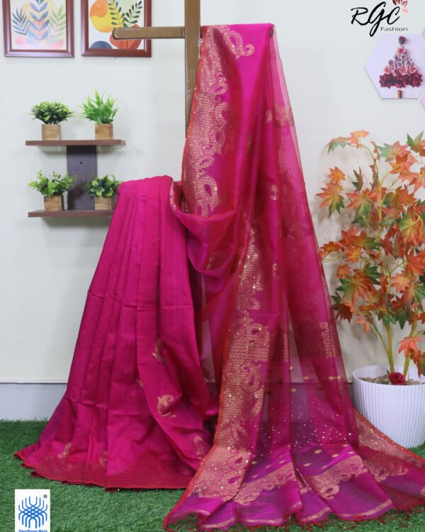 Rani Matka Muslin Silk Antique Zari Sequence Work Jamdani Saree