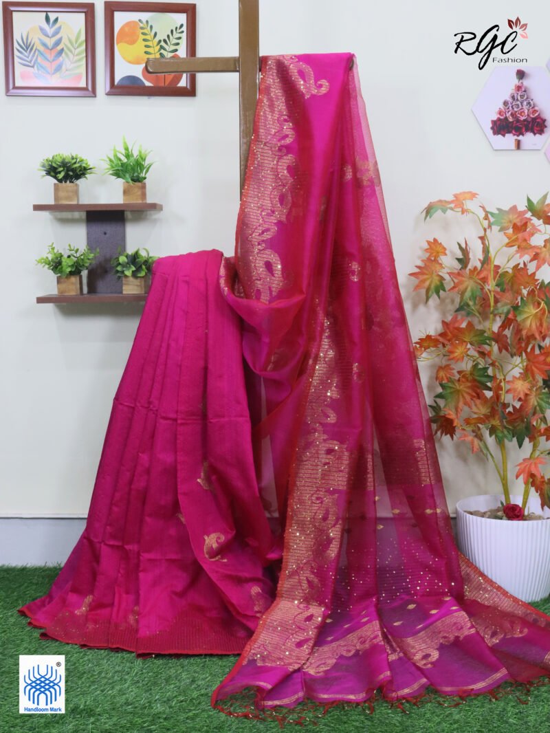Rani Matka Muslin Silk Antique Zari Sequence Work Jamdani Saree