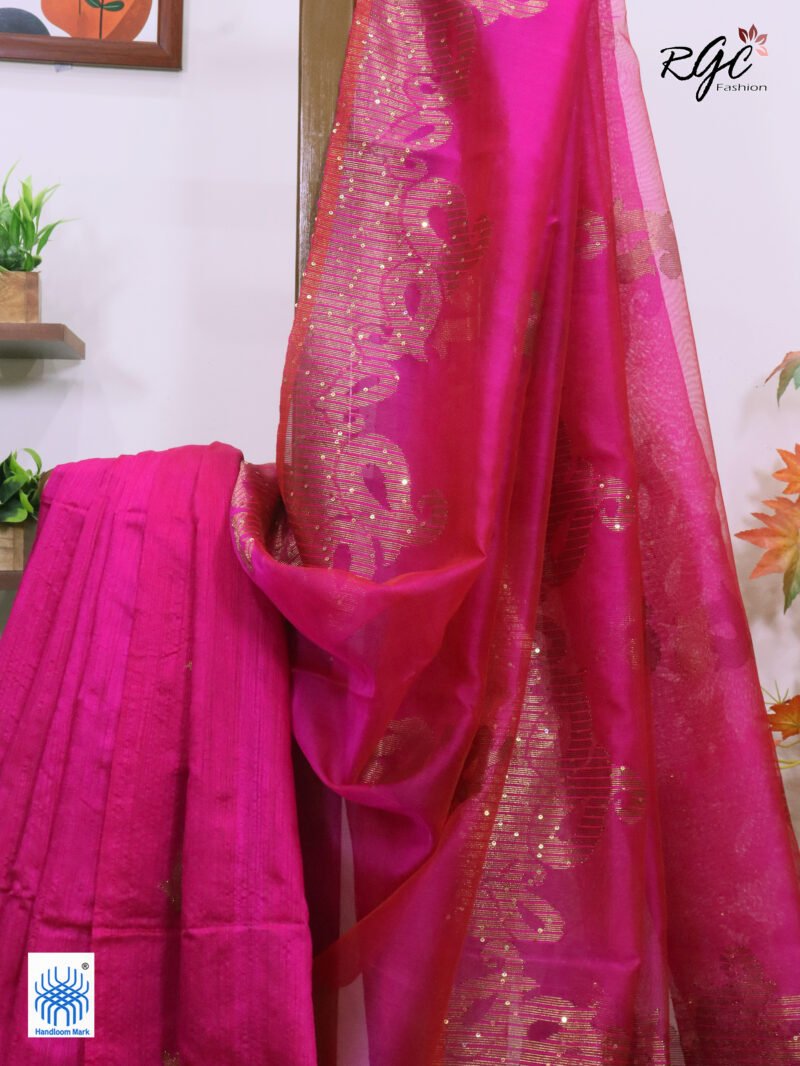 Rani Matka Muslin Silk Antique Zari Sequence Work Jamdani Saree - Image 8