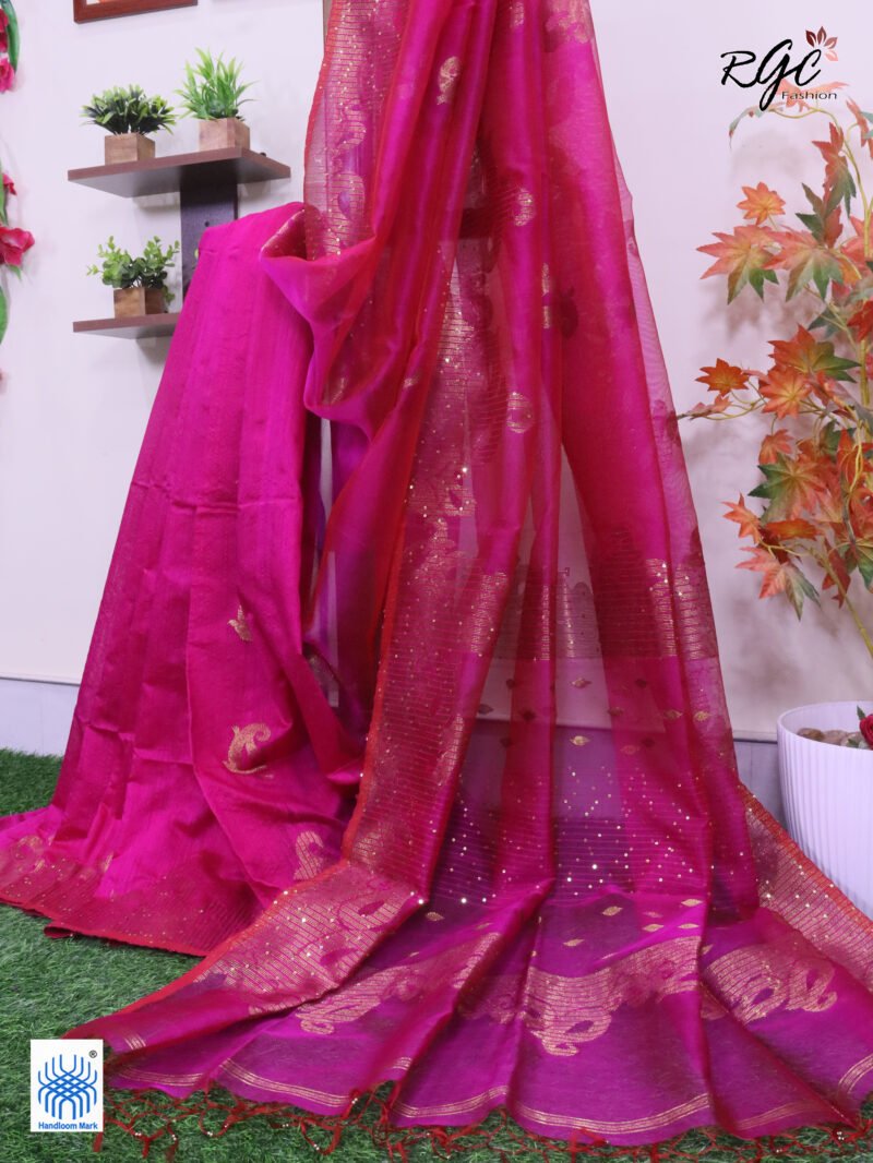 Rani Matka Muslin Silk Antique Zari Sequence Work Jamdani Saree - Image 10