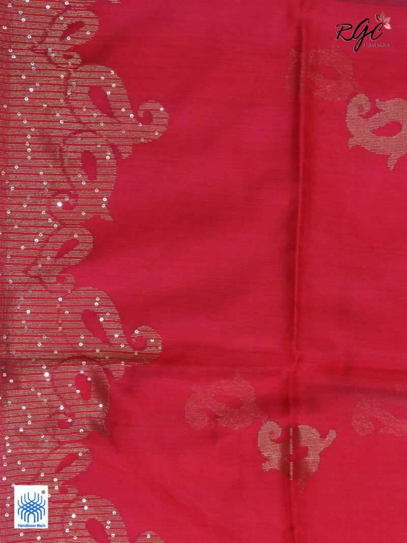 Red Matka Muslin Silk Antique Zari Sequence Work Jamdani Saree - Image 2