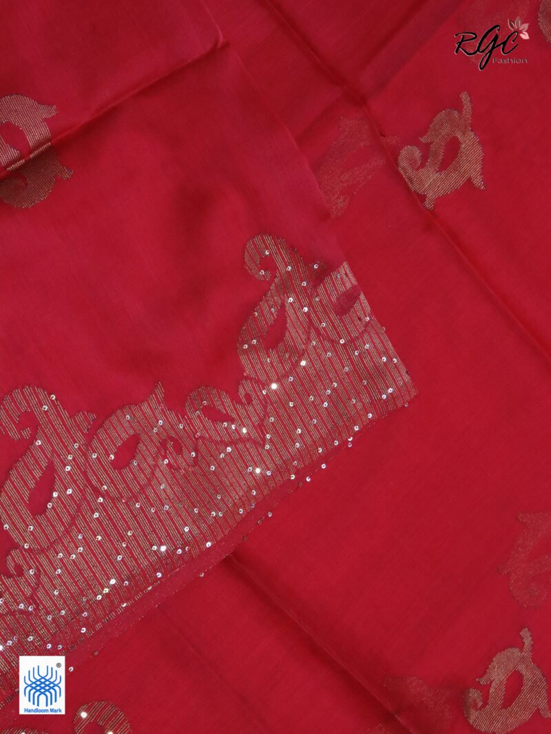 Red Matka Muslin Silk Antique Zari Sequence Work Jamdani Saree - Image 3