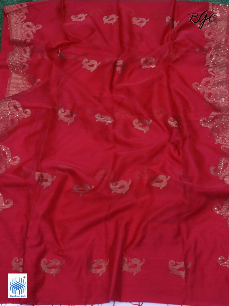 Red Matka Muslin Silk Antique Zari Sequence Work Jamdani Saree - Image 6