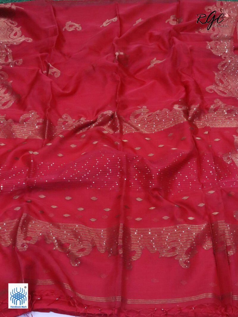 Red Matka Muslin Silk Antique Zari Sequence Work Jamdani Saree - Image 7