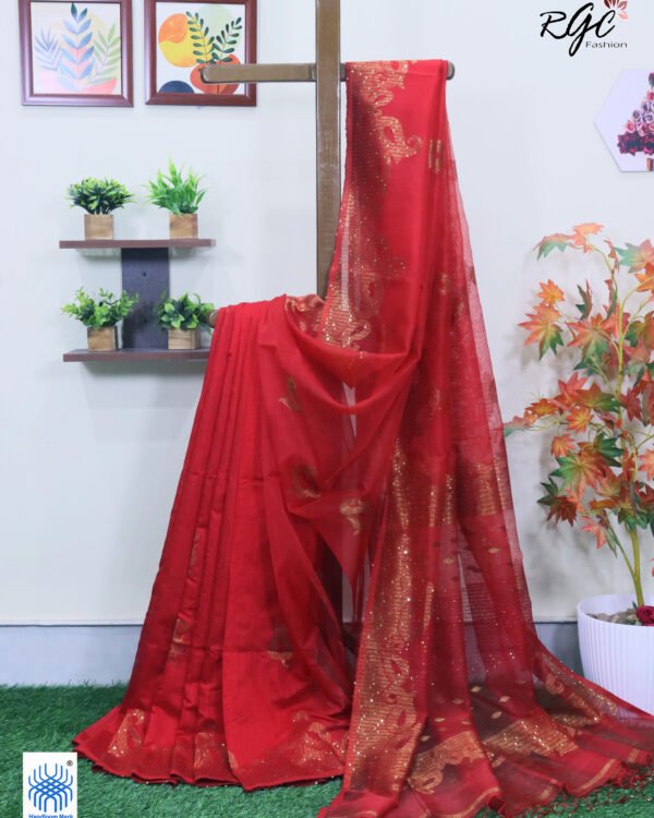 Red Matka Muslin Silk Antique Zari Sequence Work Jamdani Saree