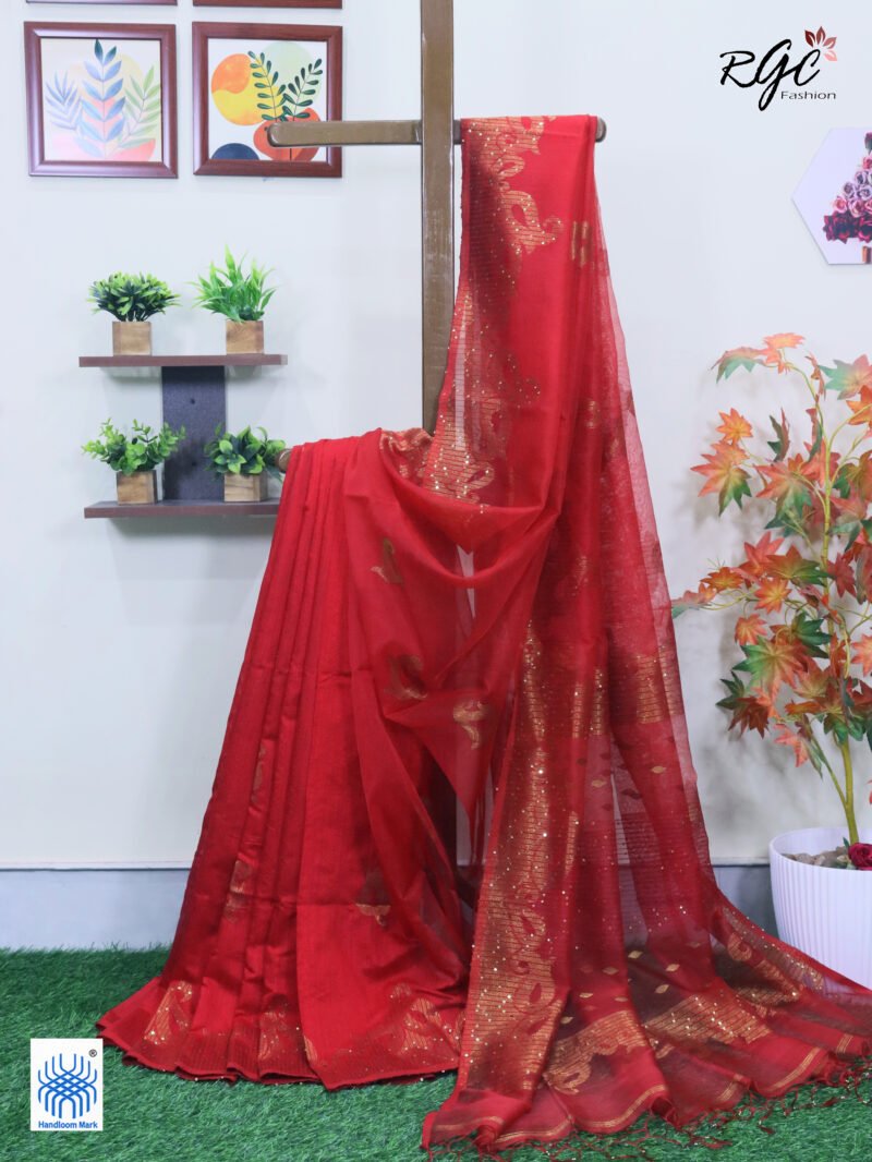 Red Matka Muslin Silk Antique Zari Sequence Work Jamdani Saree