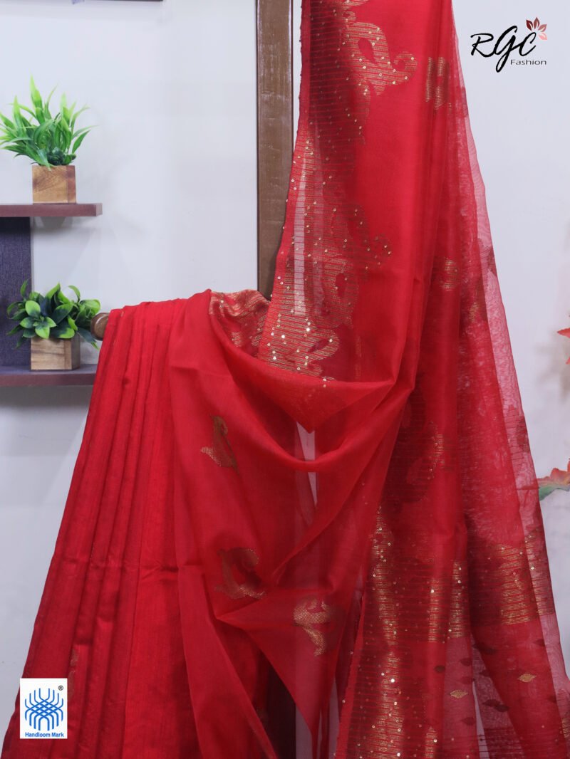 Red Matka Muslin Silk Antique Zari Sequence Work Jamdani Saree - Image 8