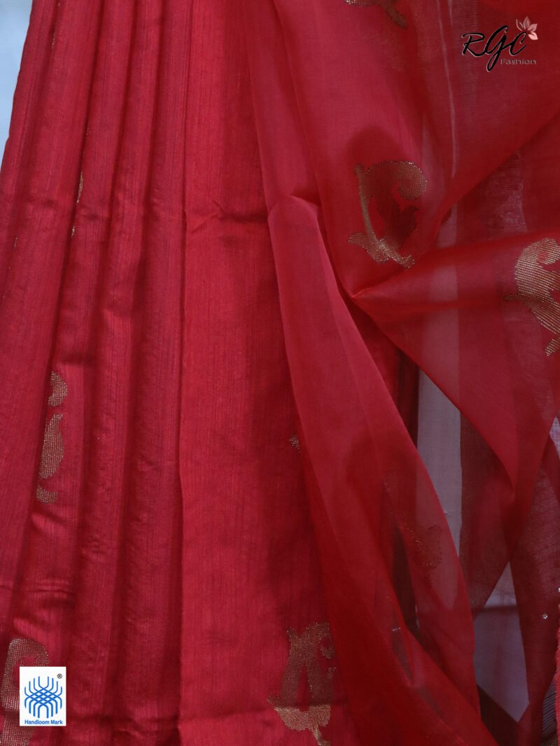 Red Matka Muslin Silk Antique Zari Sequence Work Jamdani Saree - Image 9