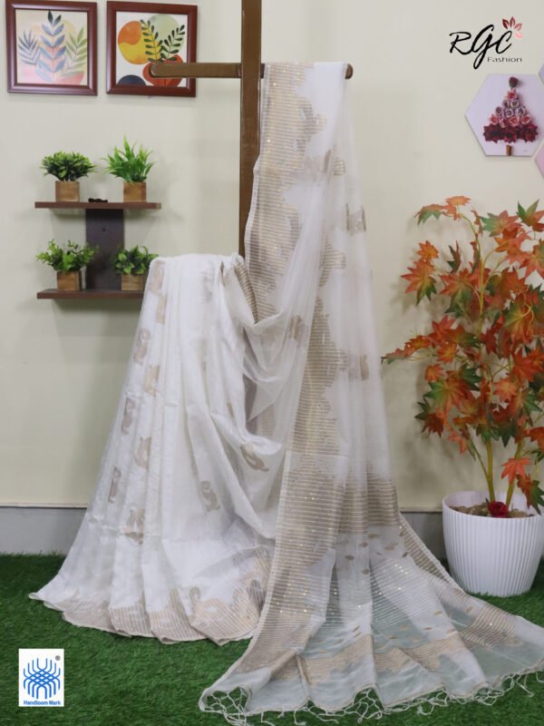Off-white Matka Muslin Silk Antique Zari Sequence Work Jamdani Saree