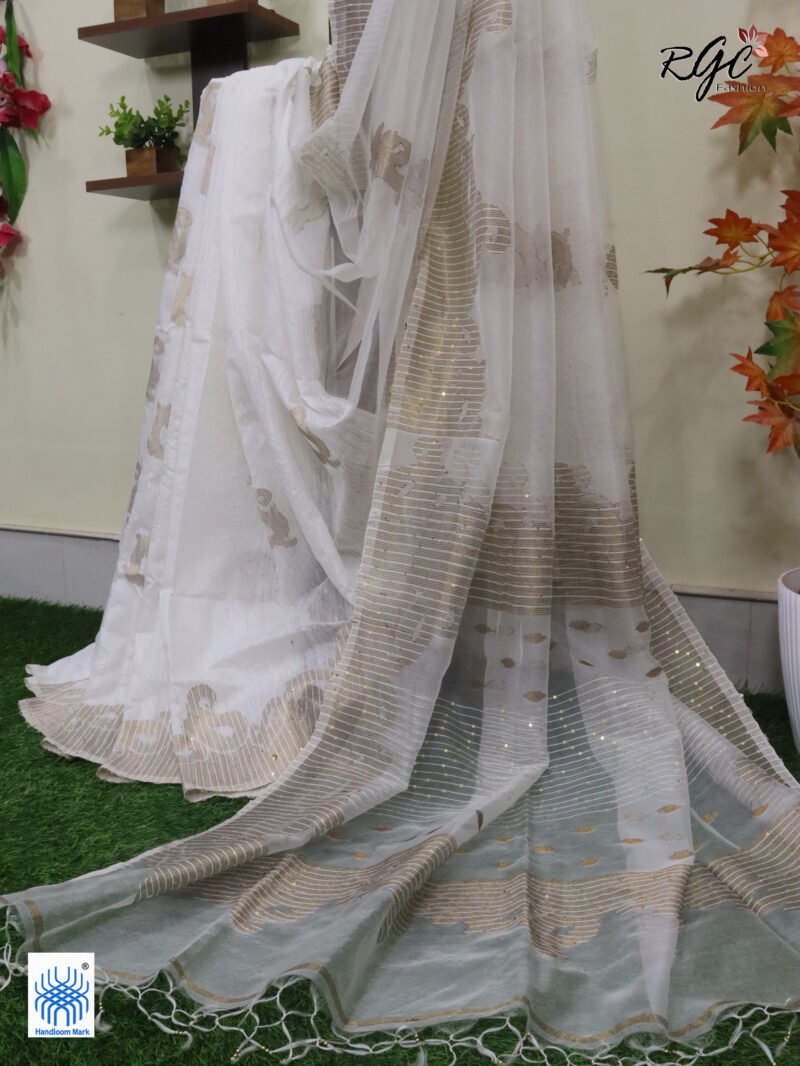 Off-white Matka Muslin Silk Antique Zari Sequence Work Jamdani Saree - Image 10
