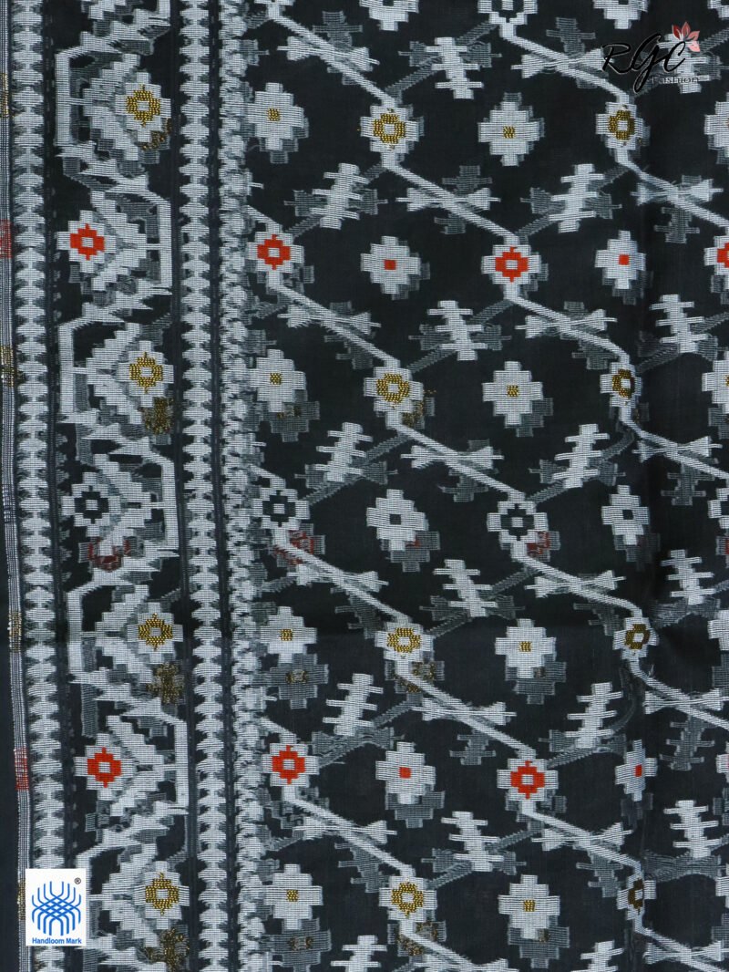 Black Pure Resham Dhakai Muslin Jamdani Saree - Image 2