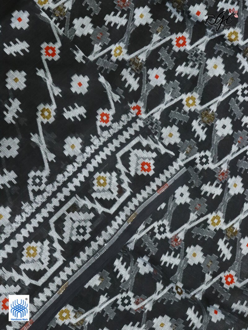 Black Pure Resham Dhakai Muslin Jamdani Saree - Image 3