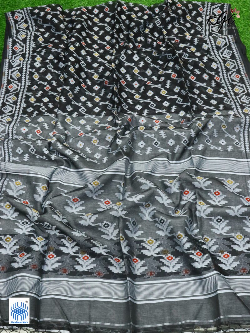 Black Pure Resham Dhakai Muslin Jamdani Saree - Image 6