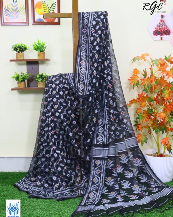 Black Pure Resham Dhakai Muslin Jamdani Saree