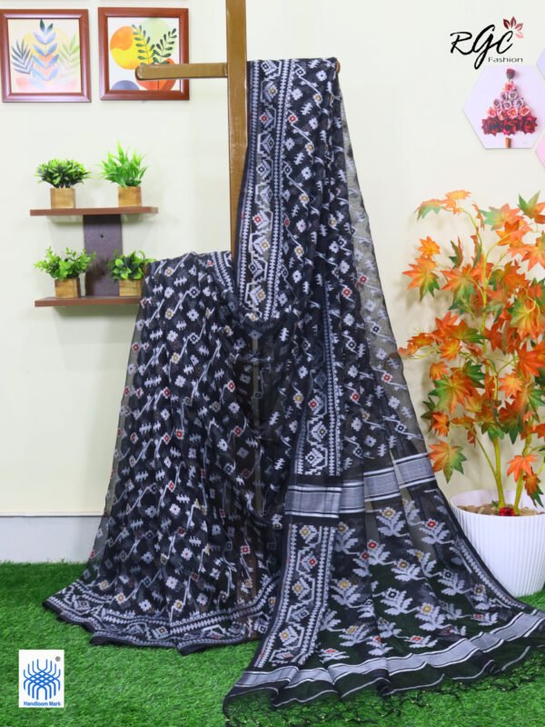 Black Pure Resham Dhakai Muslin Jamdani Saree