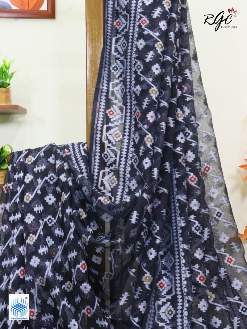 Black Pure Resham Dhakai Muslin Jamdani Saree - Image 8