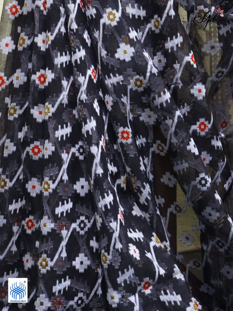 Black Pure Resham Dhakai Muslin Jamdani Saree - Image 9