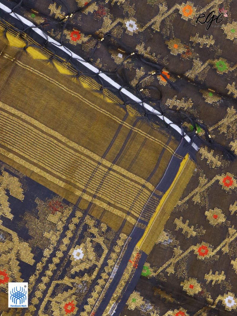 Black Pure Resham Dhakai Muslin Jamdani Saree - Image 4
