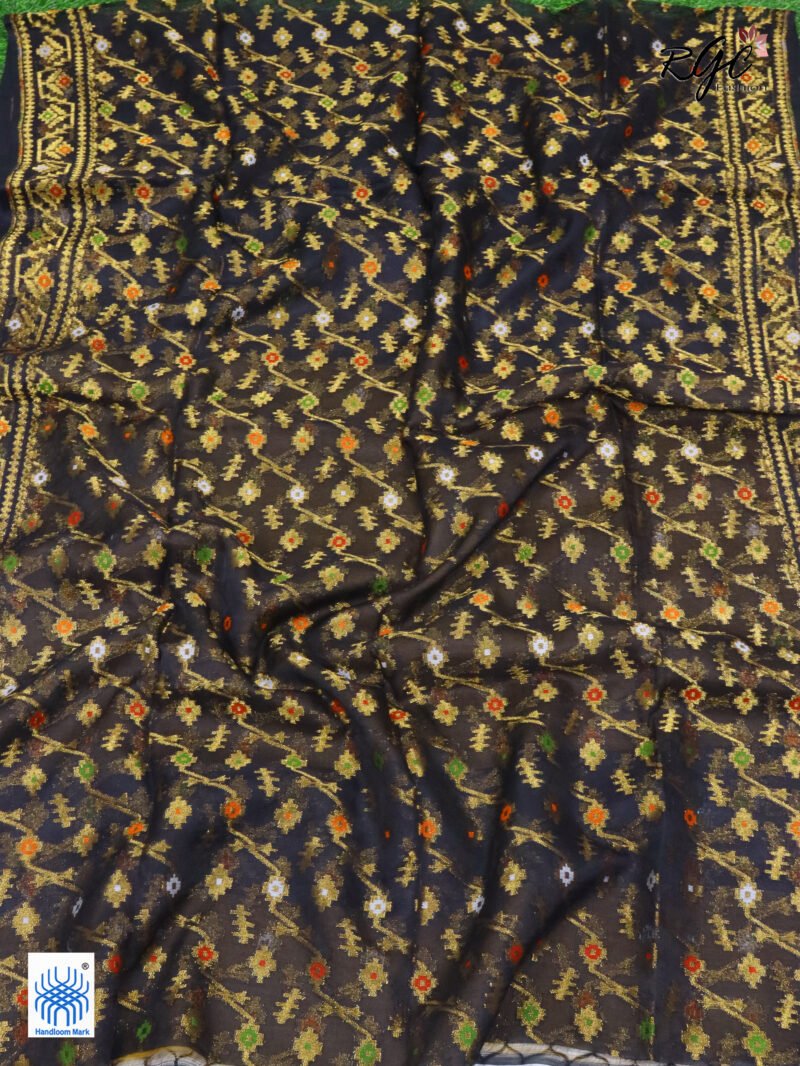 Black Pure Resham Dhakai Muslin Jamdani Saree - Image 5