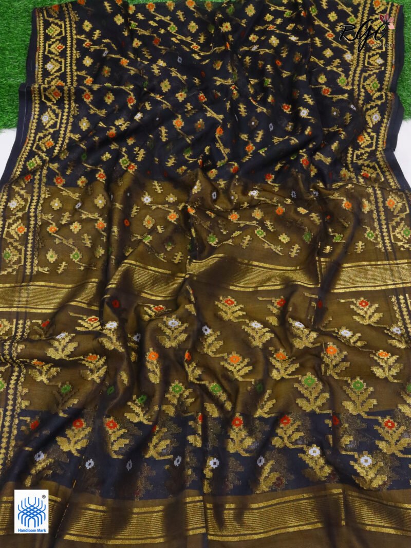 Black Pure Resham Dhakai Muslin Jamdani Saree - Image 7
